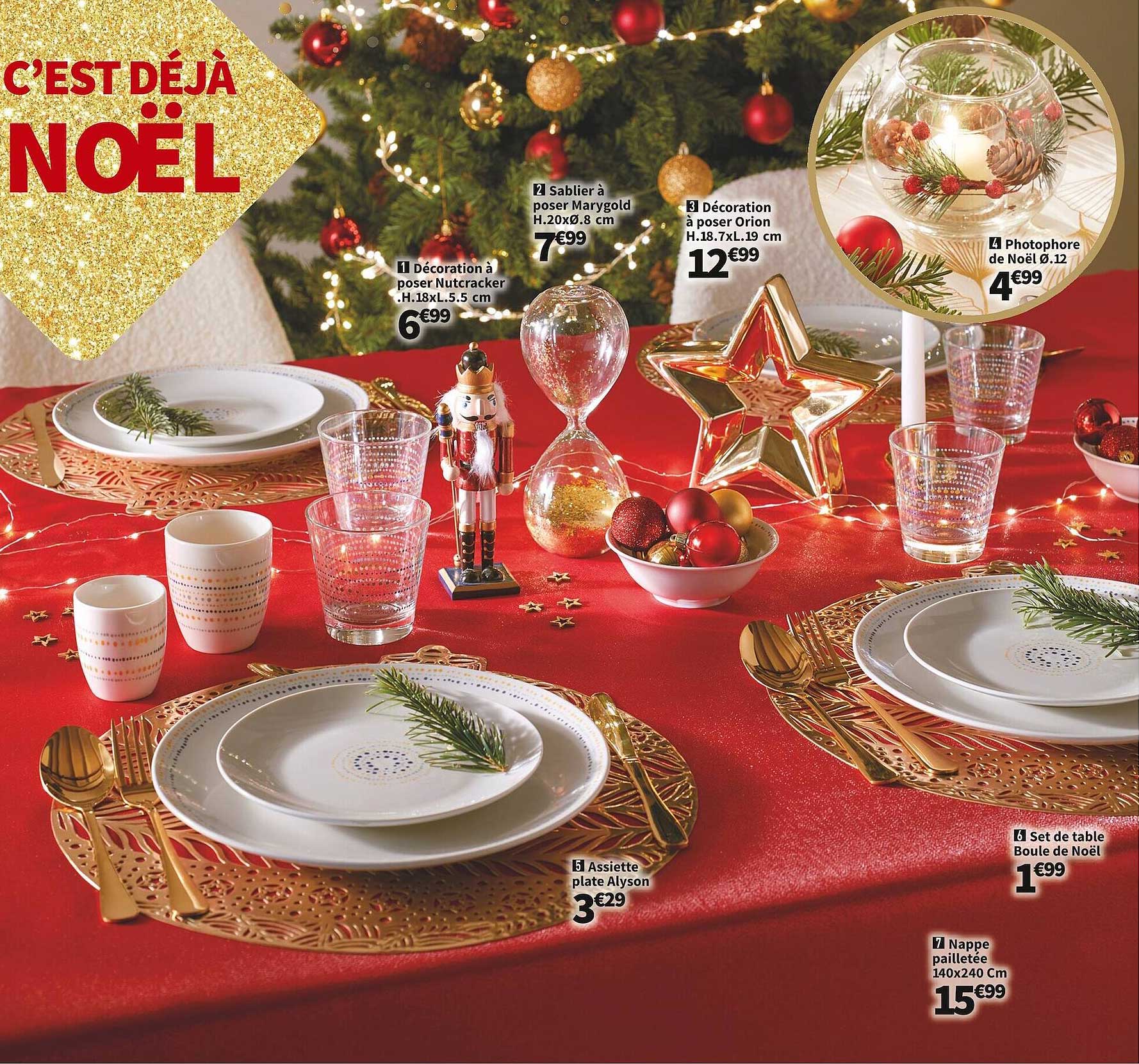 décoration à poser nutcracker, sablier à poser marygold, décoration à poser orion, photophore de noël, assiette plate alyson, nappe pailletée , set de table boule de noël