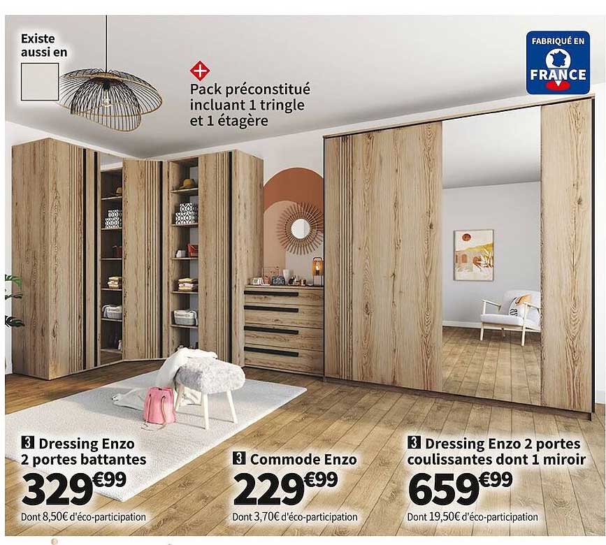 dressing enzo 2 portes battante, commode enzo, dressing enzo 2 portes coulissantes dont 1 miroir