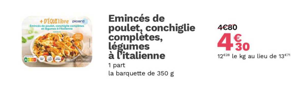émincés de poulet, conchiglie complètes, légumes l à l'italienne