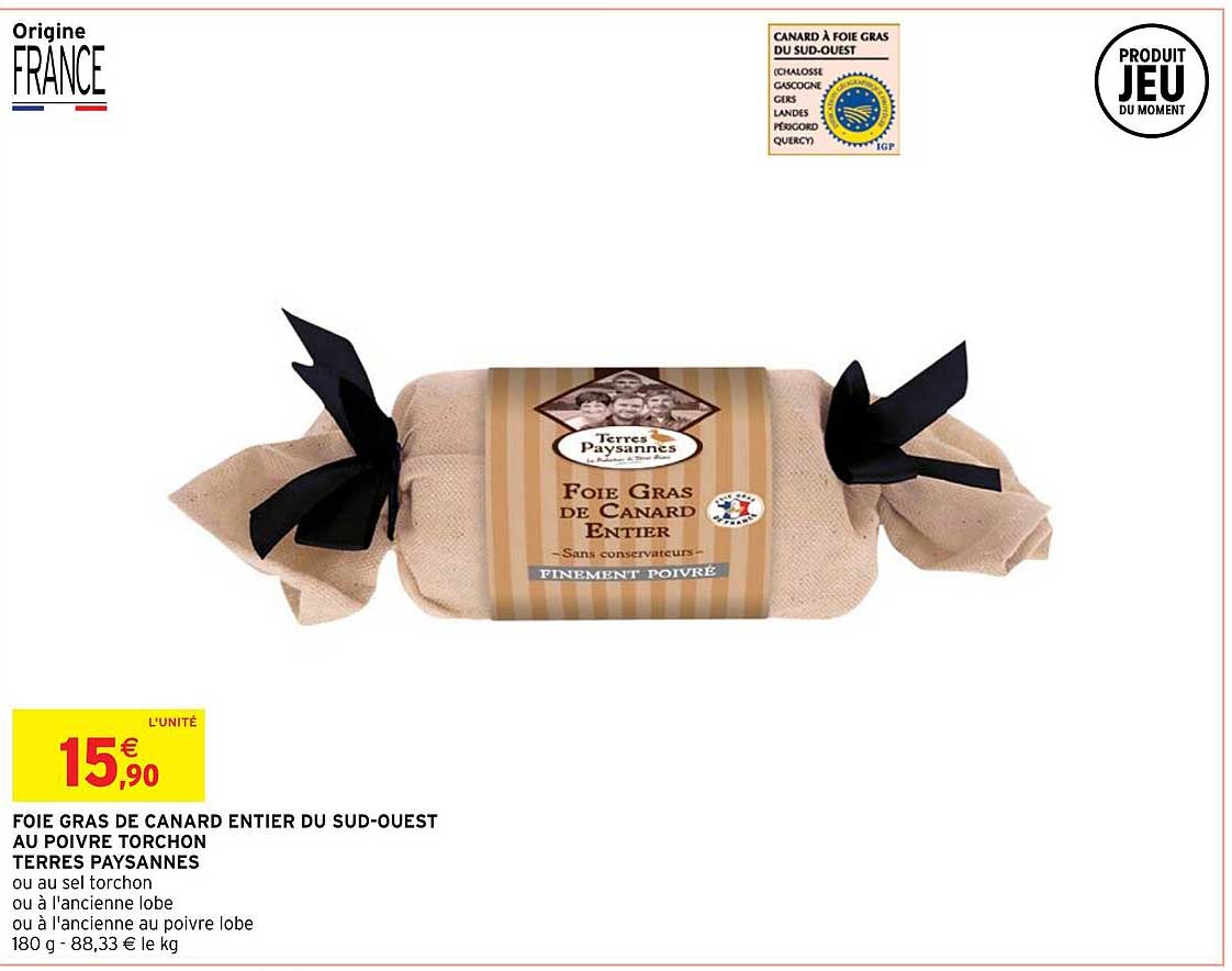 foie gras de canard entier du sud-ouest au poivre torchon terres paysannes