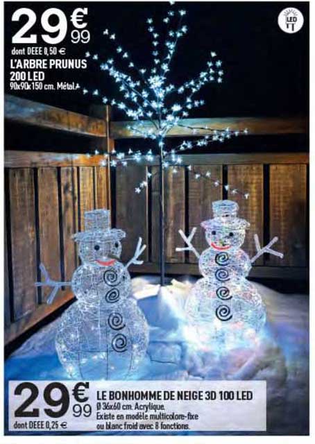 l'arbre prunus 200 led, le bonhomme de neige 3d 100 led