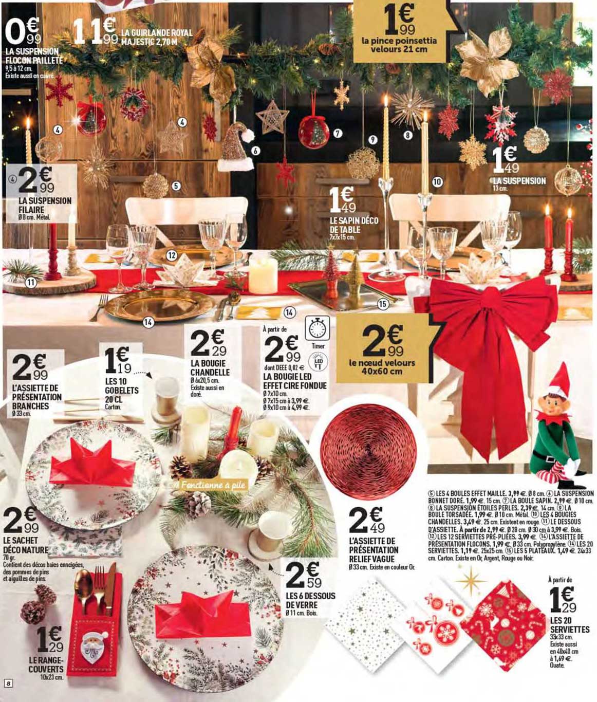 la suspension flocons pailleté, la guirlande royal majestic 2,70 m, la pince poinsettia velours 21 cm, la suspension filaire, le sapin déco de table, la suspension, l'assiette de présentation branches