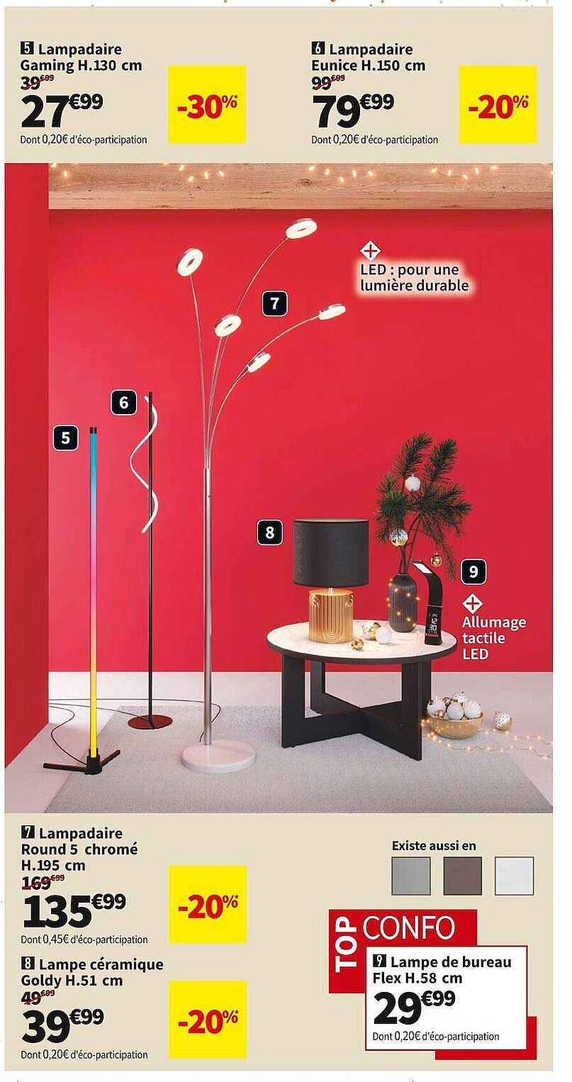 lampadaire gaming h. 130 cm, lampadaire eunice h. 150 cm, lampadaire round 5 chromé h. 185 cm, lampe céramique goldy h. 51 cm