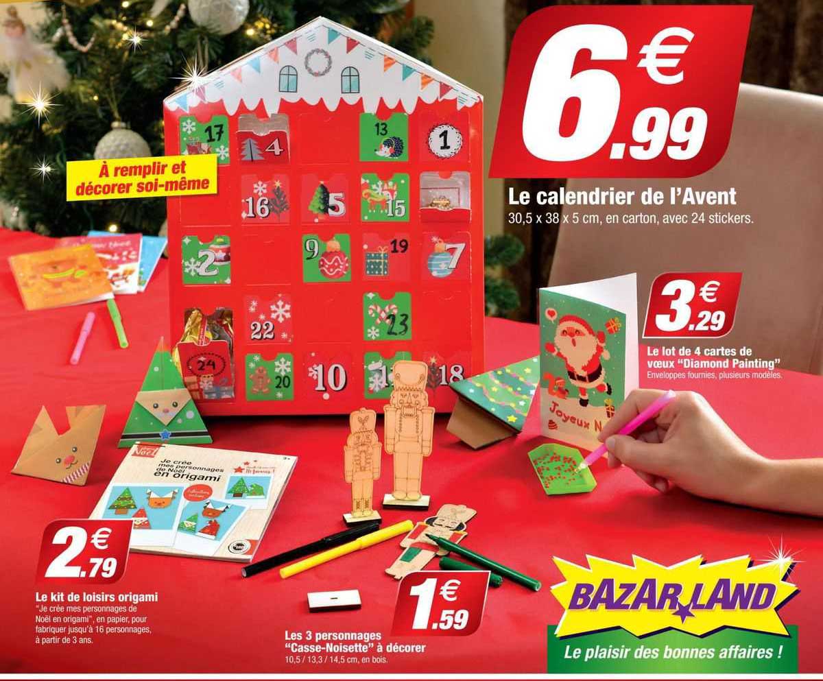 le calendrier de l'avent, le kit de loisirs origami, les 3 personnages "casse-noisette" à décorer, le lot de 4 cartes de vœux "diamond painting"