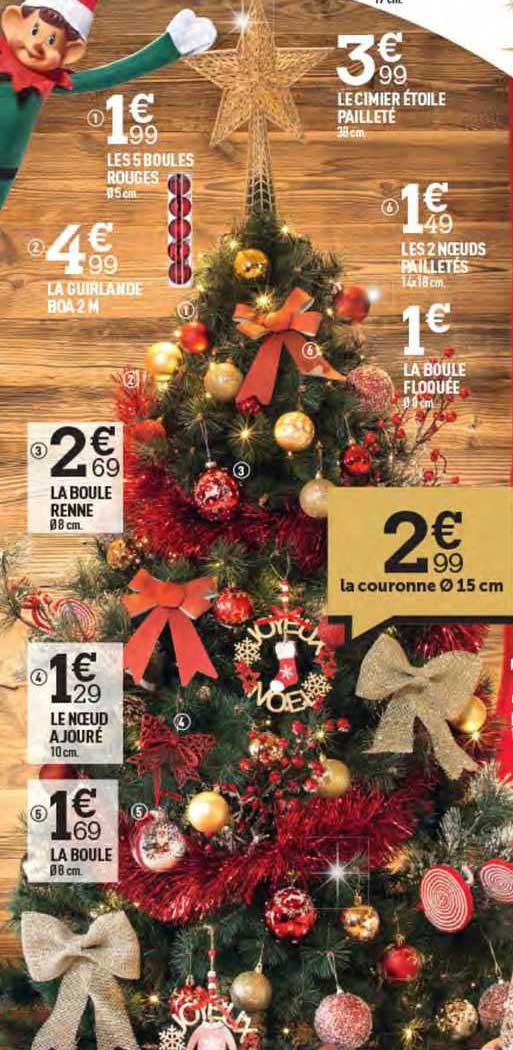 le cimier étoile pailleté, les 5 boules rouges, la guirlande boa 2 m, les 2 nœuds pailletés, la boule floquée, la boule renne, la couronne ø 15 cm, le nœud ajouré, la boule