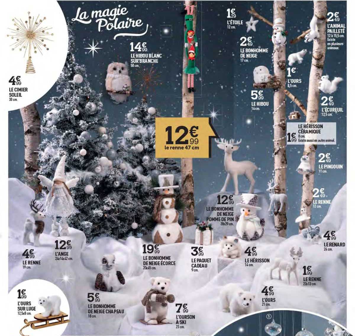 le cimier soleil, le hibou blanc sur branche, l'étoile, le bonhomme de neige, le hibou, l'ours, l'animal pailleté, l'écureuil, le pingouin, le renne, le bonhomme de neige pomme de pin, le renard