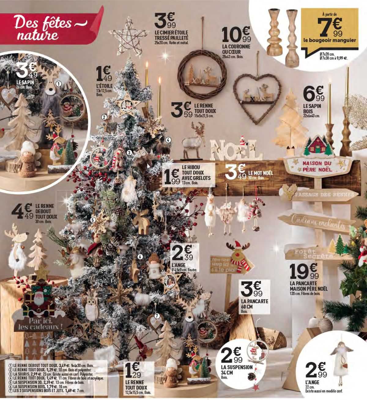 le sapin, l'étoile, le cimier étoile tressé pailleté, la couronne ou cœur, le renne tout doux, le sapin bois, le bougeoir manguier, le hibou tout doux avec grelots, le mot noël, le renne debout