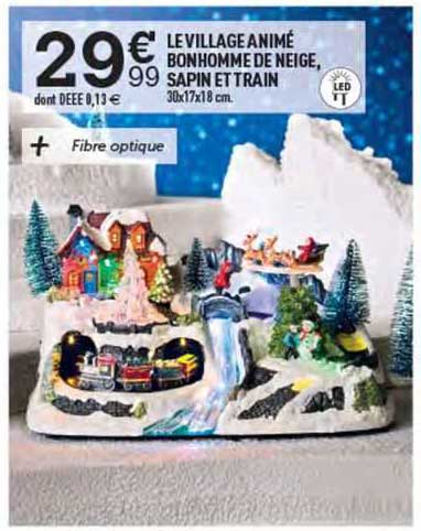 le village animé bonhomme de neige, sapin et train