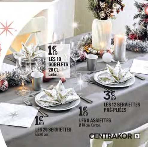 les 10 gobelets 20 cl, les 20 serviettes, les 8 assiettes, les 12 serviettes pré-pliées