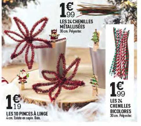 les 10 pinces à linge, les 24 chenilles métallisées, les 24 chenilles bicolores