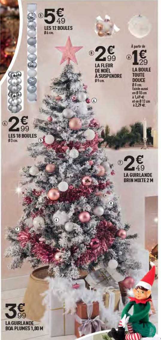 les 18 boules, les 12 boules, la fleur de noël à suspendre, la boule toute douce, la guirlande brin mixte 2 m, la guirlande boa plumes 1,80 m