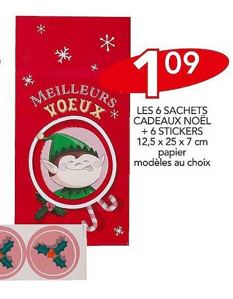 Les 6 Sachets Cadeaux Noël + 6 Stickers 12,5 X 25 X 7 Cm Papier