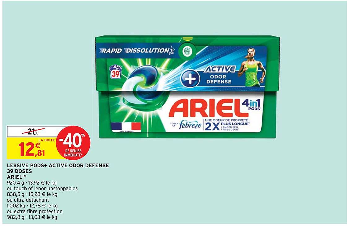lessive pods+ active odor defense 39 doses ariel