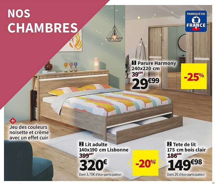 lit adulte 140 x 190 cm lisbonne, tête de lit 175 cm bois clair, parure harmony 240 x 220 cm