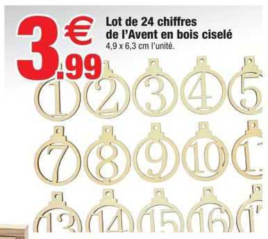 lot de 24 chiffres de l'avent en bois ciselé