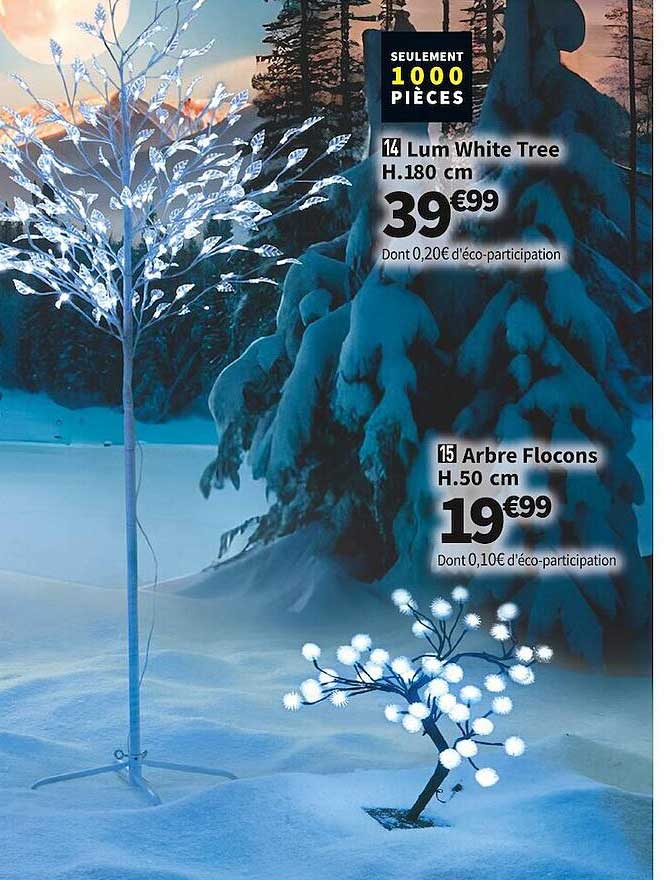 lum white tree h. 180 cm, arbre flocons h. 50 cm