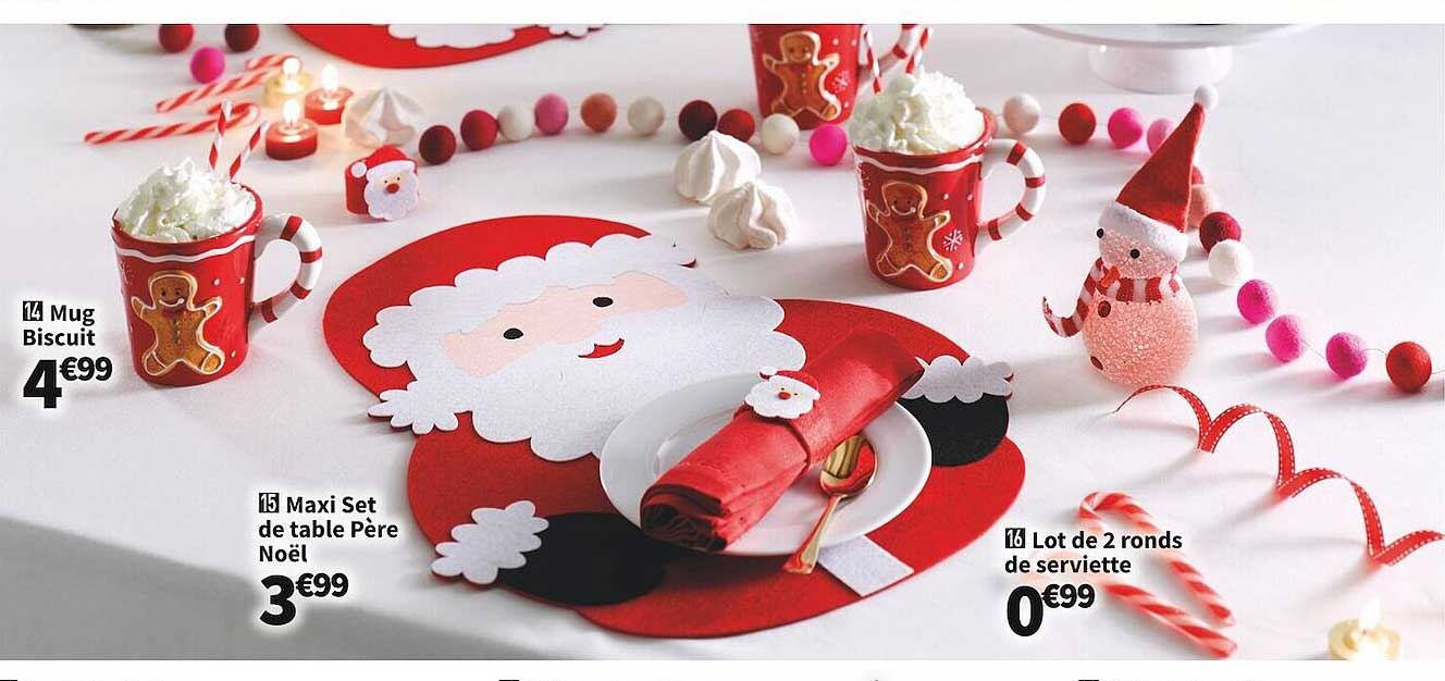 mug biscuit, maxi set de table père noël, lot de 2 ronds de serviette