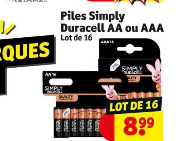 piles simply duracell aa ou aaa lot de 16