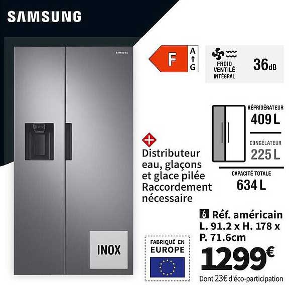 réfrigérateur réf. américan samsung l. 91.2 x h. 178 x p. 71.6 cm