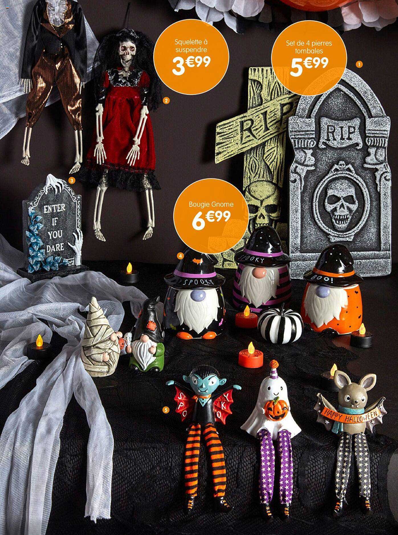 squelette à suspendre, set de 4 pierres tombales, bougie gnome