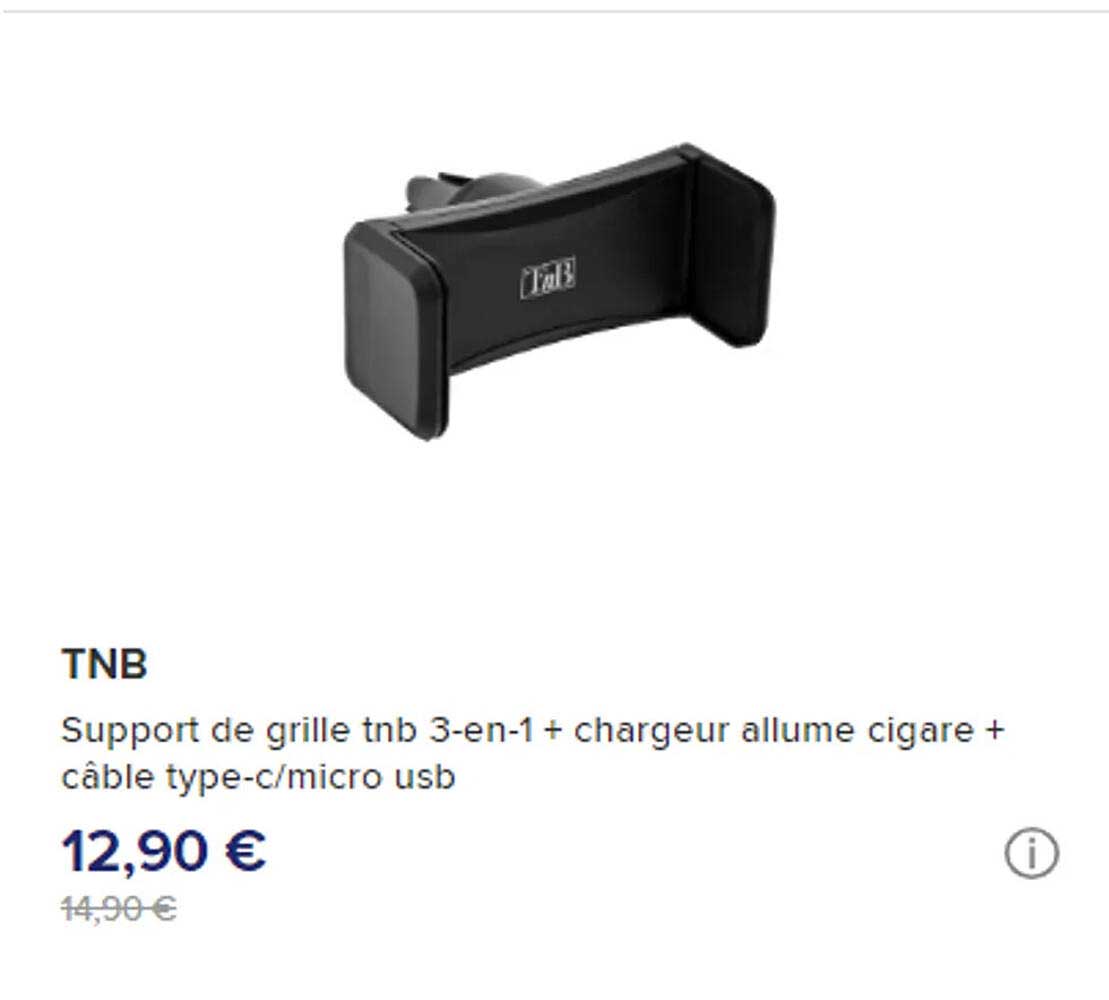 support de grille tnb 3-en-1 + chargeur allume cigare + câble type-c / micro usb