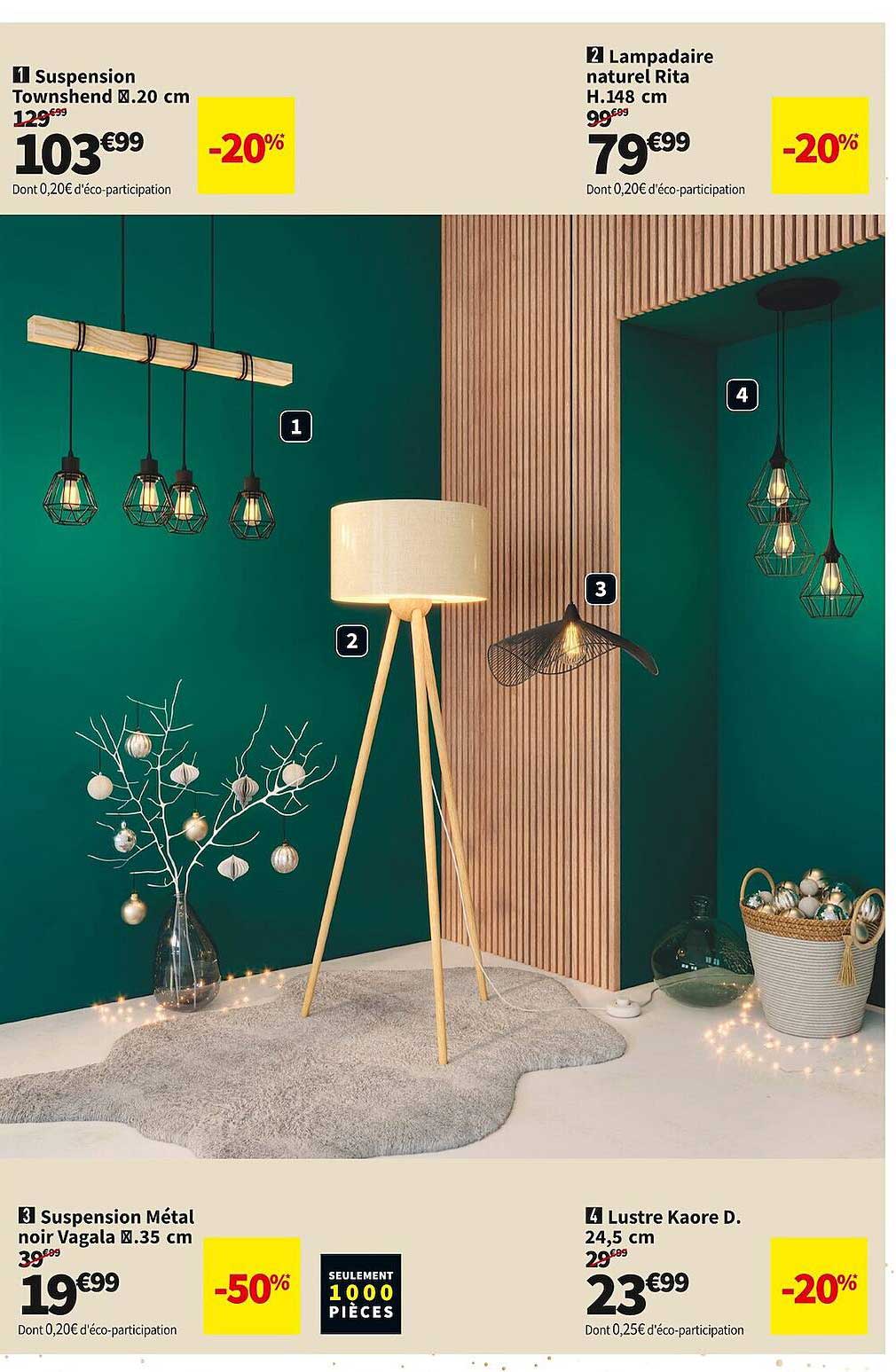 suspension townshend 20 cm, lampadaire naturel rita h. 148 cm, suspension métal noir vagala 35 cm, lustre kaore d. 24,5 cm