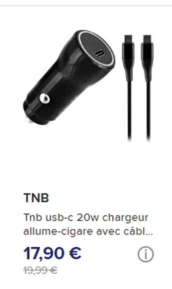tnb usb-c 20w chargeur allume-cigare avec câble...
