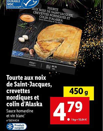 tourte aux noix de saint-jacques, crevettes nordiques et colin d'alaska