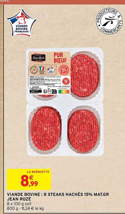 viande bovine, 8 steaks hachés 18% mat. gr. jean rozé